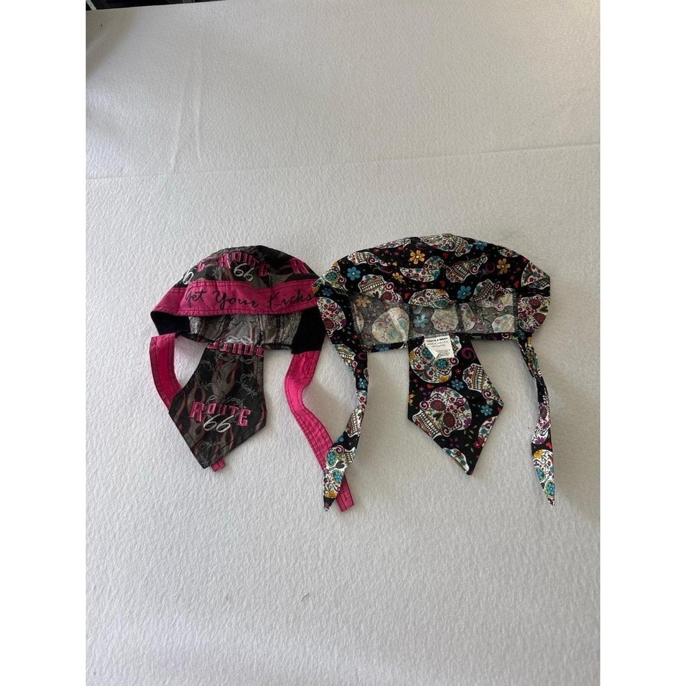 Biker head wraps skullcaps dorags Route 66 pink flames & skulls Set 2